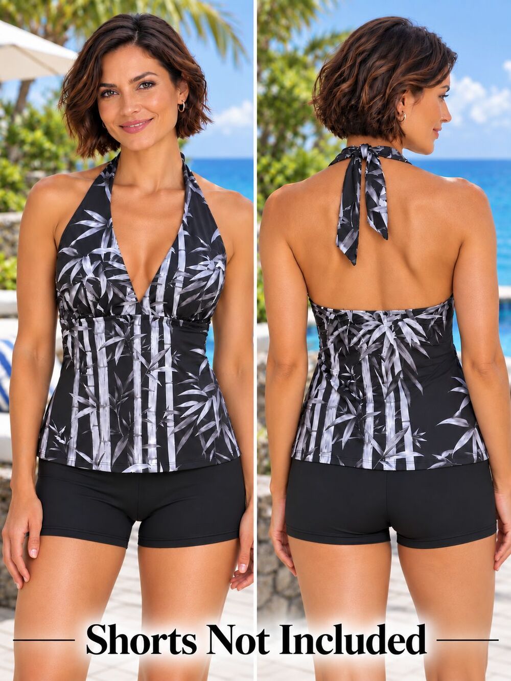 Tommy Bahama Women’s Small Halter Tankini Top Black Gray Bamboo Print Padded